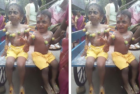 இரு குழந்தைகளை ஆலய நேர்த்தியை நிறைவேற்ற கொடுமைப்படுத்திய பெற்றோர்!!