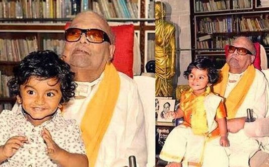 சமாதியில் கருணாநிதியின் படத்தைப் பார்த்து குதூகலித்த கொள்ளுப்பேரன் : நெகிழ வைக்கும் சம்பவம்!!