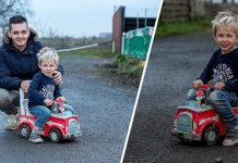 பரபரப்பான வீதியின் நடுவில் பொம்மை காரில் பயணித்த சிறுவன் : தெரியவந்த அ திர்ச்சித் தகவல்!!