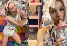 டயபர் அணிந்து கொண்டு தொட்டிலில் தூங்கி குழந்தையாக வாழும் 25 வயது அழகிய இளம்பெண்!!