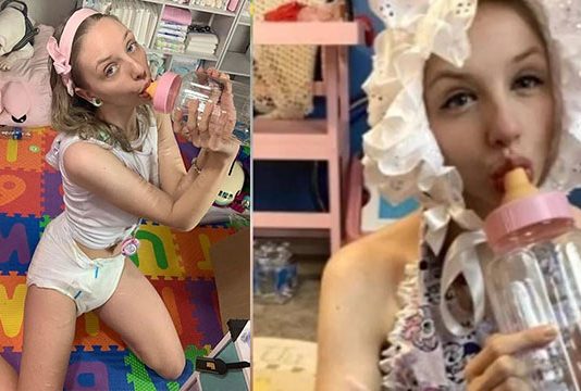 டயபர் அணிந்து கொண்டு தொட்டிலில் தூங்கி குழந்தையாக வாழும் 25 வயது அழகிய இளம்பெண்!!