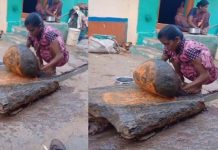 ராட்சத அம்மியில் பெண் தயாரிக்கும் மசாலா… பாருங்க நீங்களே ஷாக் ஆகிடுவீங்க!!