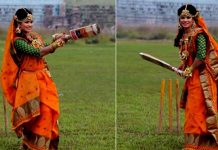 கல்யாண புடவையில் கிரிக்கெட் பேட்டுடன் இருக்கும் இளம்பெண்! யாருயாடா இந்த பொண்ணு?