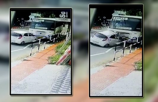 காரும், பேருந்தும் நேருக்கு நேர் மோதி விபத்து – பதறவைக்கும் CCTV காட்சிகள்!!