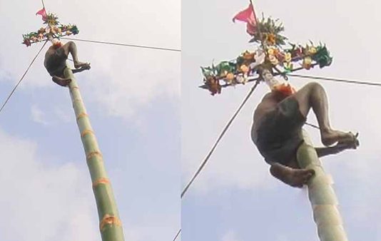 வழுக்கு மரம் ஏறும் போட்டியில் ஆர்வத்துடன் கலந்து கொண்ட 60 வயது முதியவர்!!