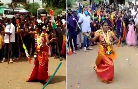 திருமண ஊர்வலத்தில் மணக்கோலத்தில் மணப்பெண் செய்த பிரமிக்க வைக்கும் செயல்!!