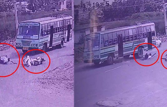 2 பைக்குகள் ஒன்றோடொன்று மோதி விபத்து: பேருந்து சக்கரத்தில் சிக்கிய நபர்!!